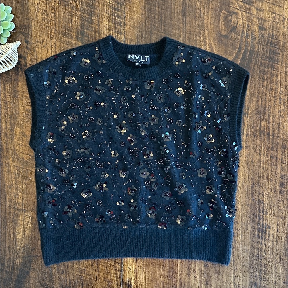 NVLT | Black Sequined Short Sleeve Sweater Vest – Anthropologie, Size S - Picture 2 of 8